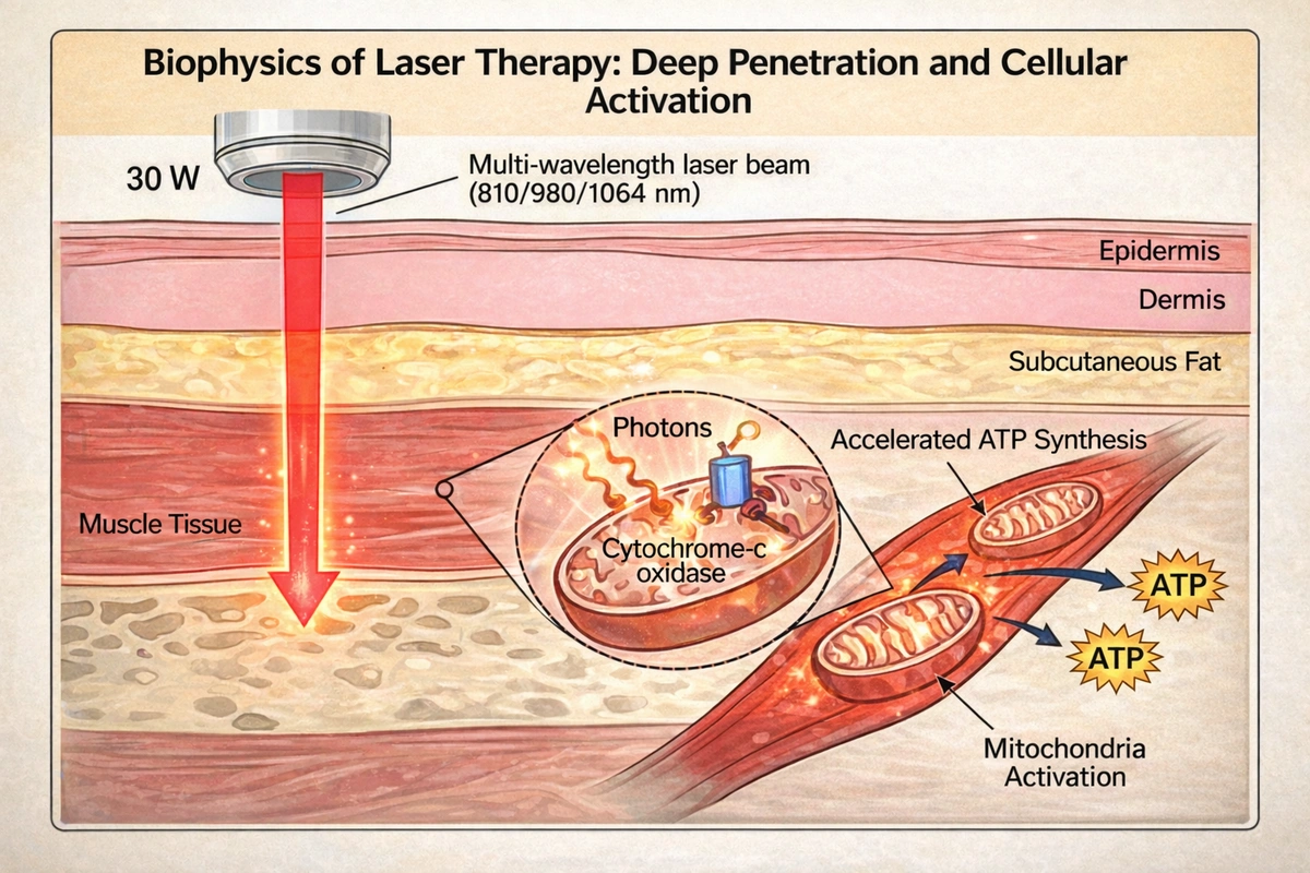 Diagramm der Photonenabgabe, der Absorption durch Chromophore und der photobiologischen Reaktion