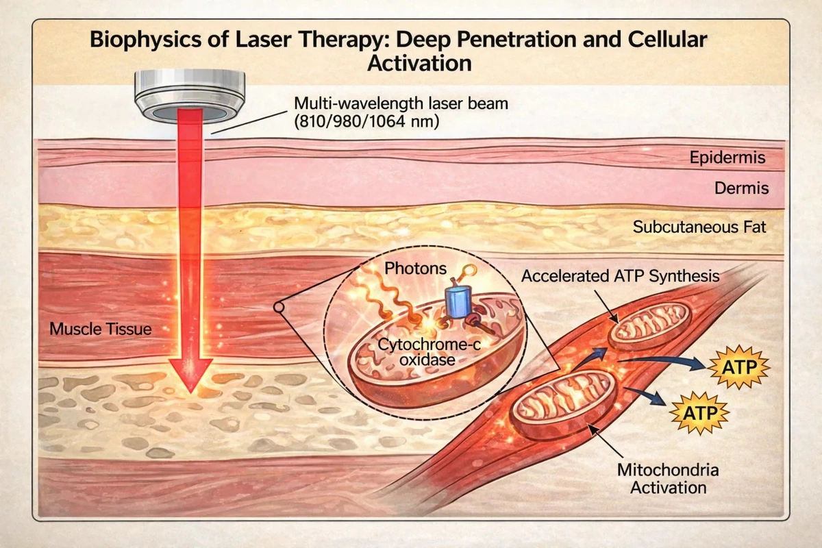 Diagramm der Photonenabgabe, der Absorption durch Chromophore und der photobiologischen Antwort